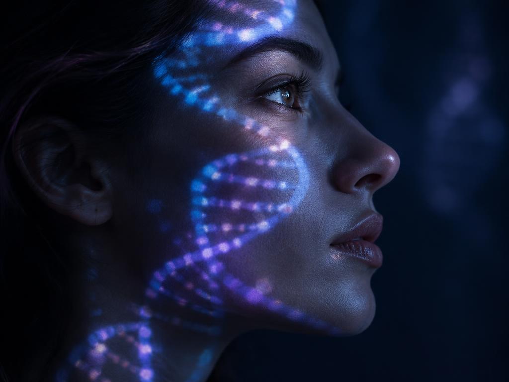 Rosto iluminado por uma hélice de DNA