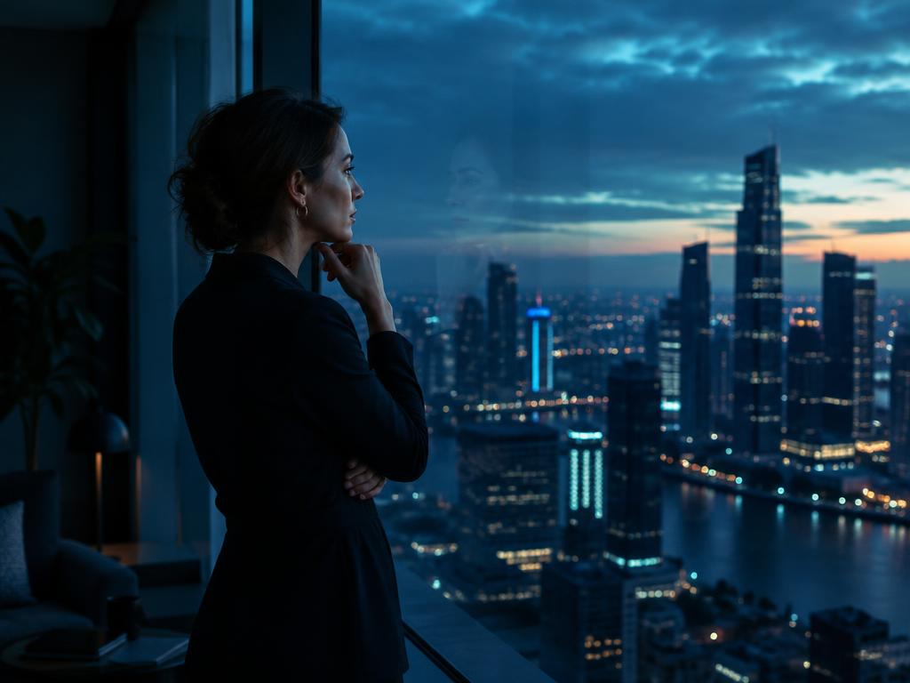 Mulher olhando a cidade ao entardecer, refletindo sobre o futuro